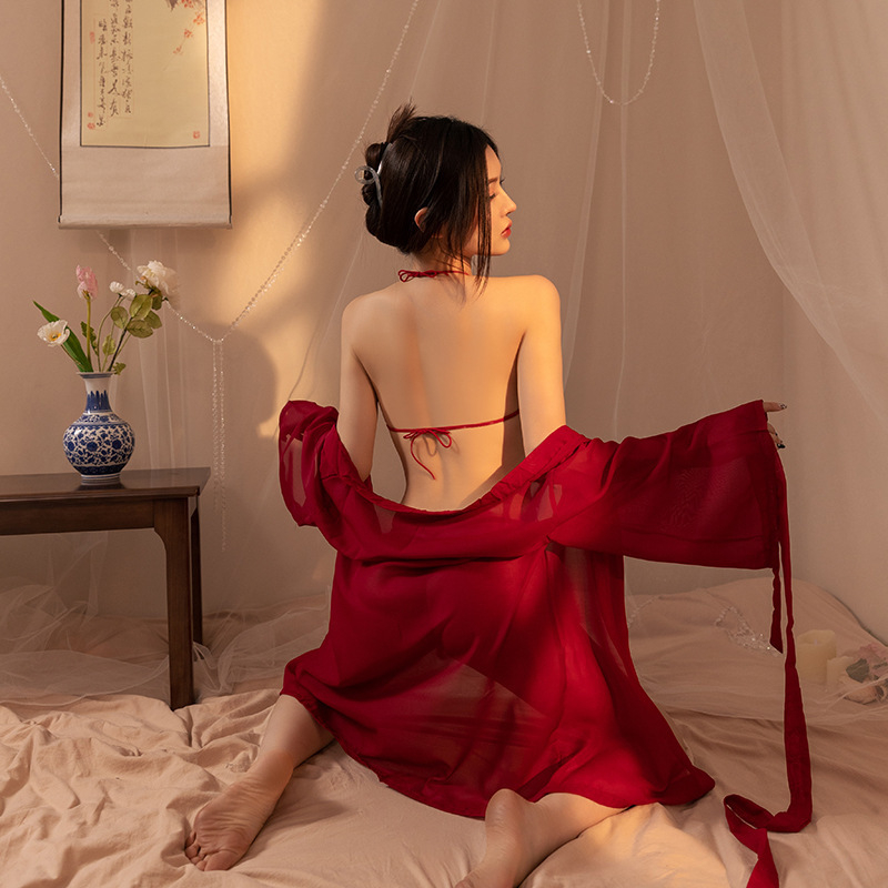 Set de lenjerie Hanfu din plasă pentru femei - poliester 80-90% fibră principală, pijama cu fustă scurtă transparentă