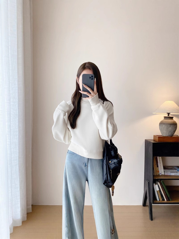 Pulover damă din fleece cu căptușeală, gros, guler rotund, mâneci lungi, bumbac 70–80%