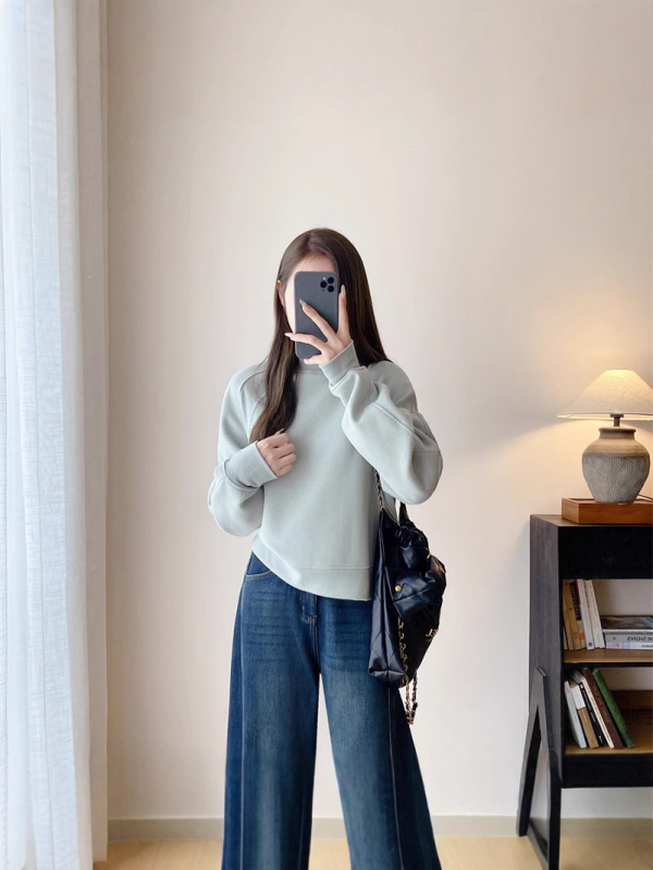 Pulover damă din fleece cu căptușeală, gros, guler rotund, mâneci lungi, bumbac 70–80%