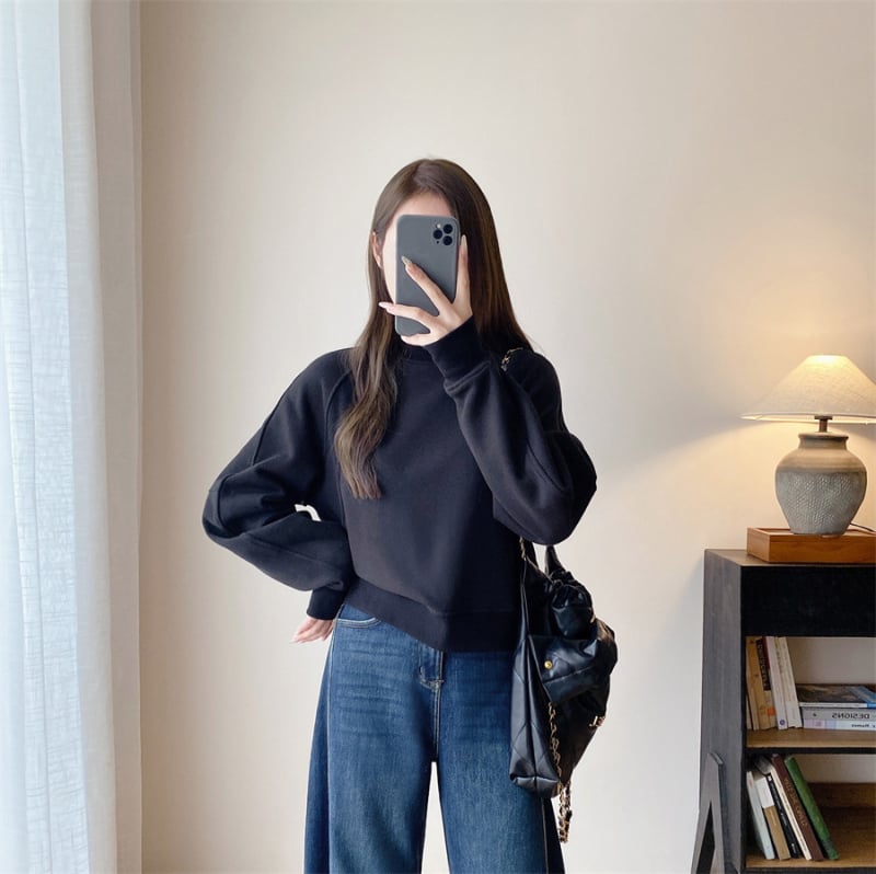 Pulover damă din fleece cu căptușeală, gros, guler rotund, mâneci lungi, bumbac 70–80%