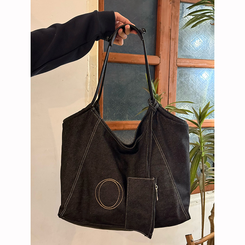 Geantă Tote din denim, Stil unisex, Formă orizontală pătrată, Buzunar secret cu fermoar