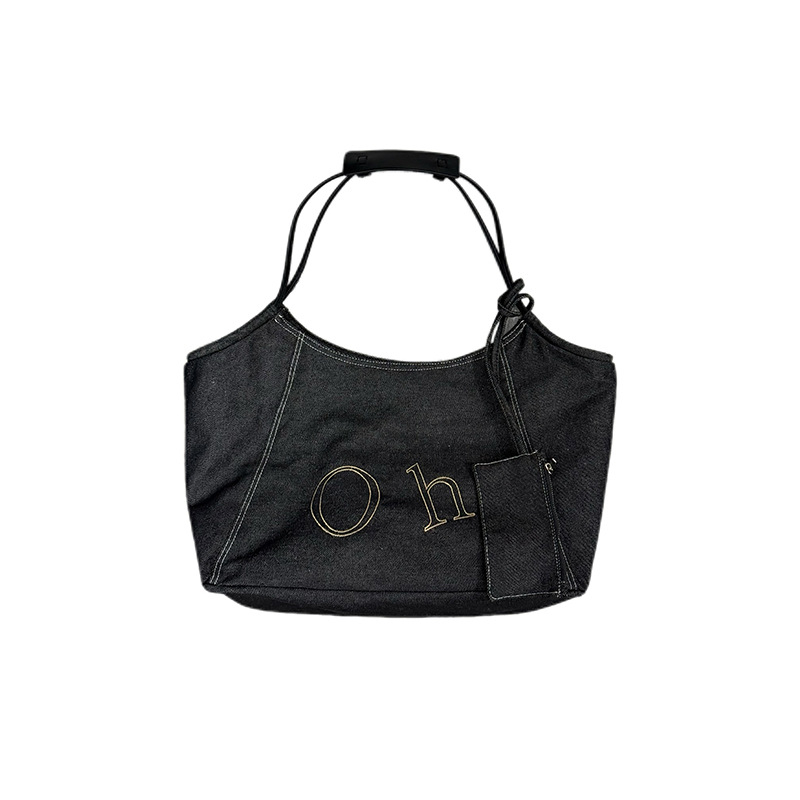 Geantă Tote din denim, Stil unisex, Formă orizontală pătrată, Buzunar secret cu fermoar