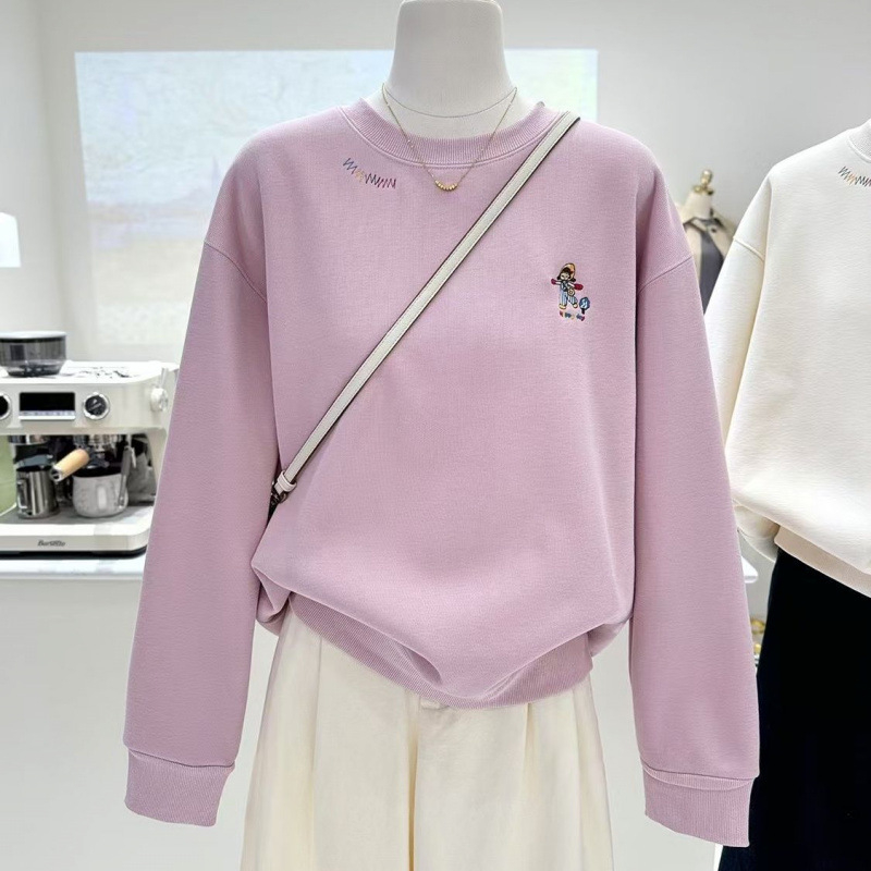 Hanorac/pull din fleece — broderie cu desene animate, țesătură chenille groasă, croială lejeră, guler rotund.