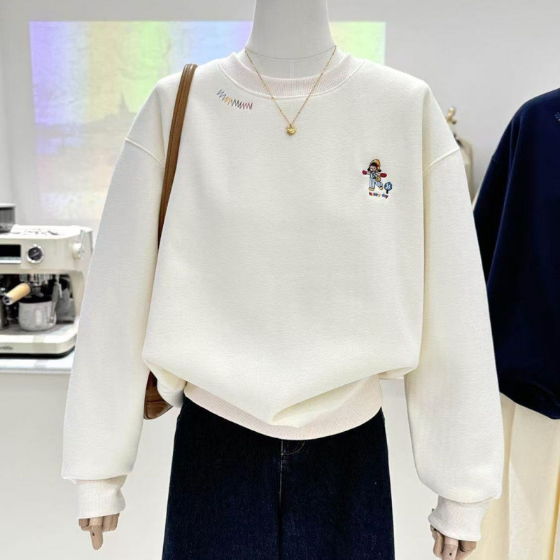 Hanorac/pull din fleece — broderie cu desene animate, țesătură chenille groasă, croială lejeră, guler rotund.