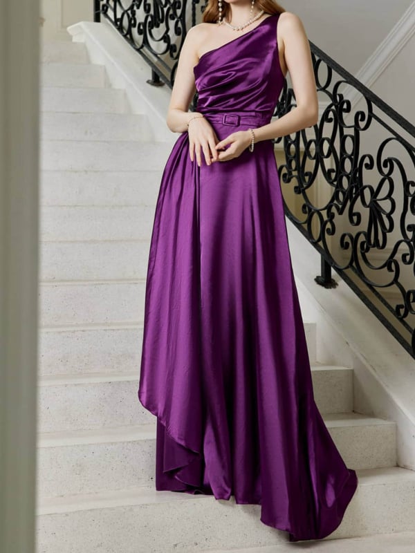 Večerné šaty s jedným ramennom, bez rukávov, A-linija, dlhé, v páse stredná výška, polyester, jar 2025