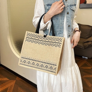 Geantă Tote din bumbac și in, stil urban simplu, formă orizontală pătrată, căptușeală din poliester