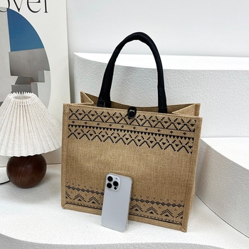 Geantă Tote din bumbac și in, stil urban simplu, formă orizontală pătrată, căptușeală din poliester