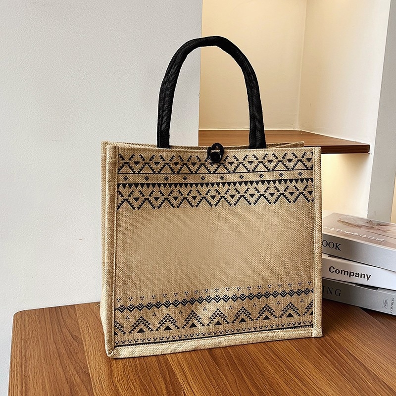 Geantă Tote din bumbac și in, stil urban simplu, formă orizontală pătrată, căptușeală din poliester