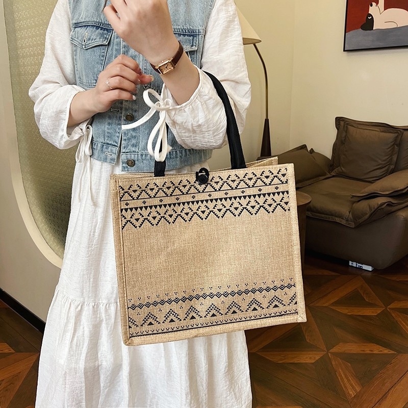 Geantă Tote din bumbac și in, stil urban simplu, formă orizontală pătrată, căptușeală din poliester