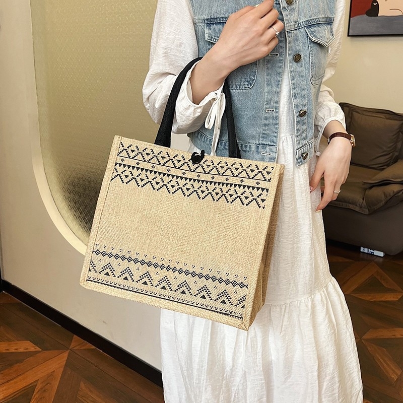 Geantă Tote din bumbac și in, stil urban simplu, formă orizontală pătrată, căptușeală din poliester