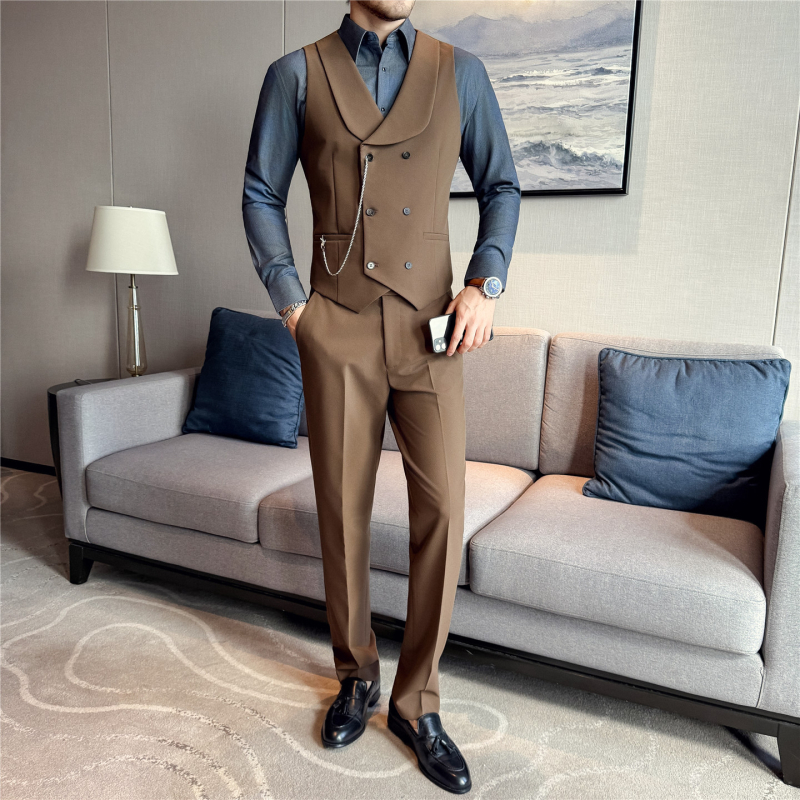 Pánska štíhla vesta s pruhovaným vzorom, dvojradové zapínanie a golier v štýle saka