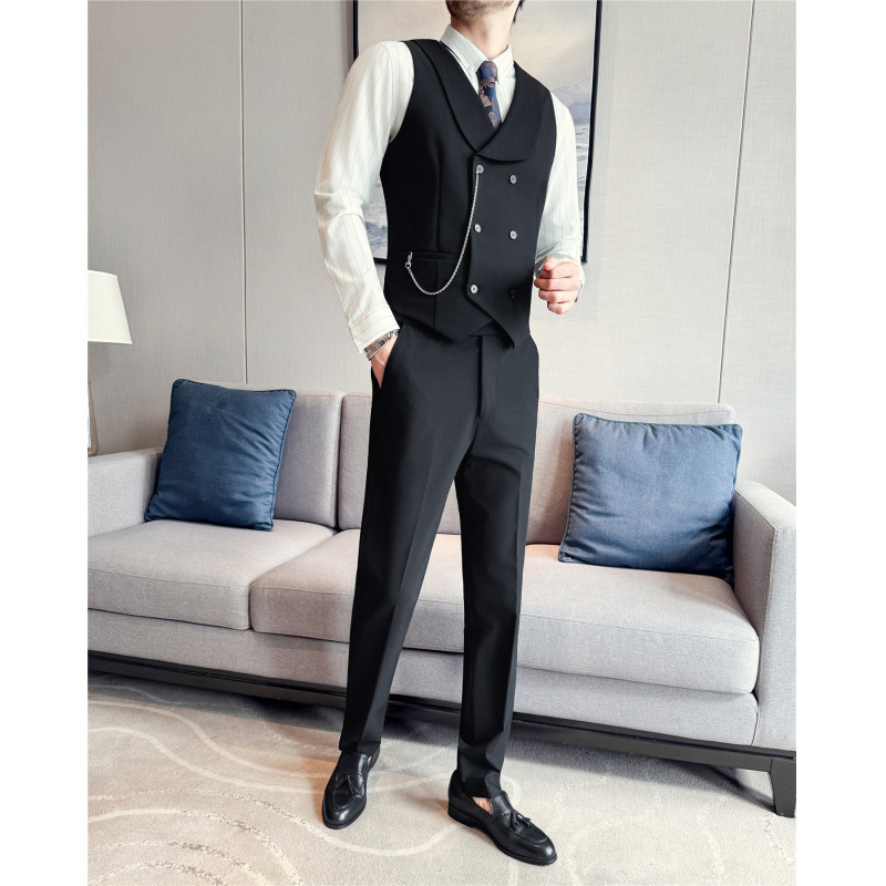 Pánska štíhla vesta s pruhovaným vzorom, dvojradové zapínanie a golier v štýle saka