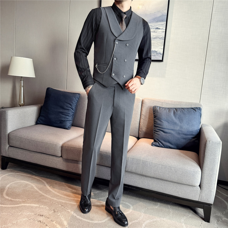 Pánska štíhla vesta s pruhovaným vzorom, dvojradové zapínanie a golier v štýle saka