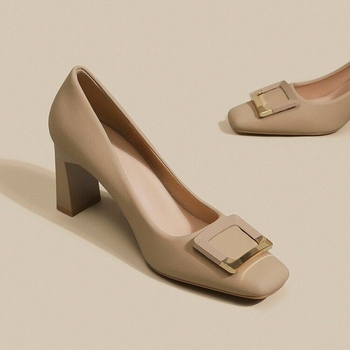 Pantofi dama cu varf pătrat, toc mediu 6–8 cm, toc gros, material superior: Super fiber, căptușeală PU