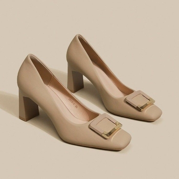 Pantofi dama cu varf pătrat, toc mediu 6–8 cm, toc gros, material superior: Super fiber, căptușeală PU