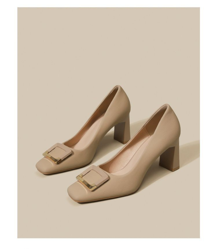 Pantofi dama cu varf pătrat, toc mediu 6–8 cm, toc gros, material superior: Super fiber, căptușeală PU