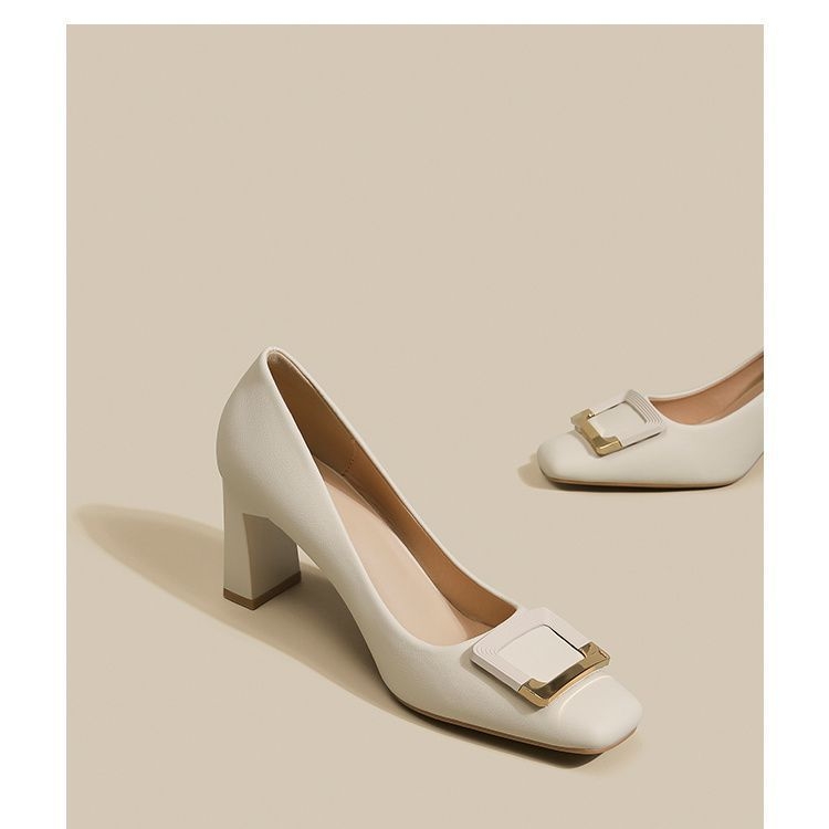 Pantofi dama cu varf pătrat, toc mediu 6–8 cm, toc gros, material superior: Super fiber, căptușeală PU