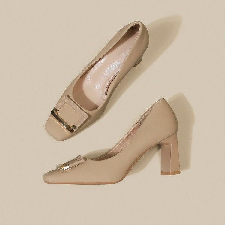 Pantofi dama cu varf pătrat, toc mediu 6–8 cm, toc gros, material superior: Super fiber, căptușeală PU