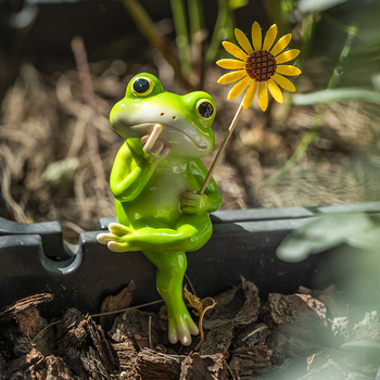 Karikatúrna žaba záhradná ozdoba — syntetická živica, exteriérová dekorácia pre záhradu, balkón alebo okraj akvária