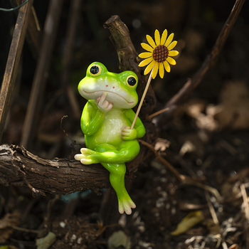 Karikatúrna žaba záhradná ozdoba — syntetická živica, exteriérová dekorácia pre záhradu, balkón alebo okraj akvária