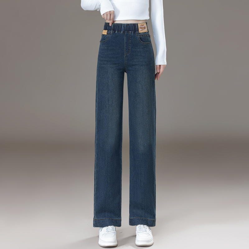 Jeansi denim cu talie înaltă elastică și croi drept, 70-80% bumbac, 20-30% poliester, ușor întinde