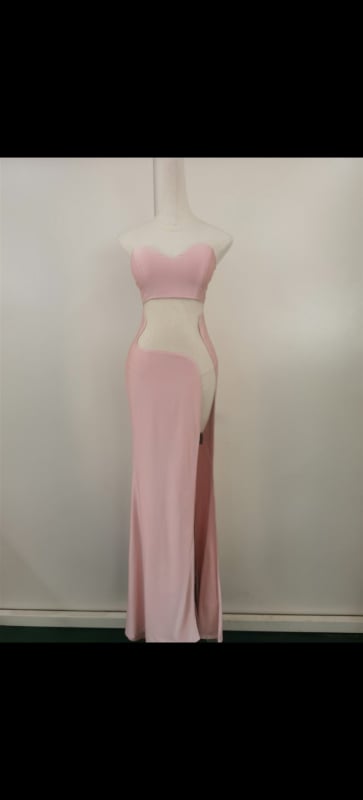Poliester haljina s mrežastim panelom, duga, uski kroj, bez rukava, stojeći ovratnik