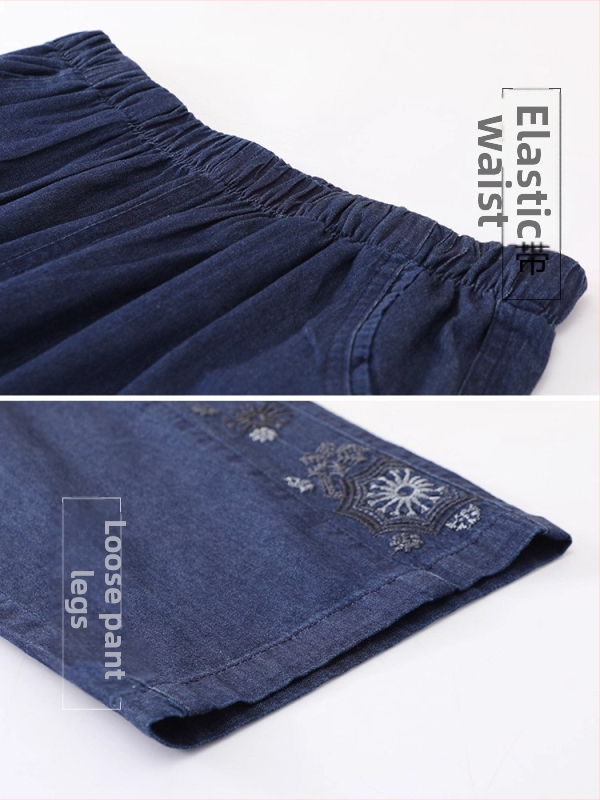 Moteriškos rudens kelnės vidutinio ir vyresnio amžiaus moterims, laisvas kirpimas, medvilnės mišinys, šiek tiek elastinės, 9/10 ilgio, siuvinėjimas