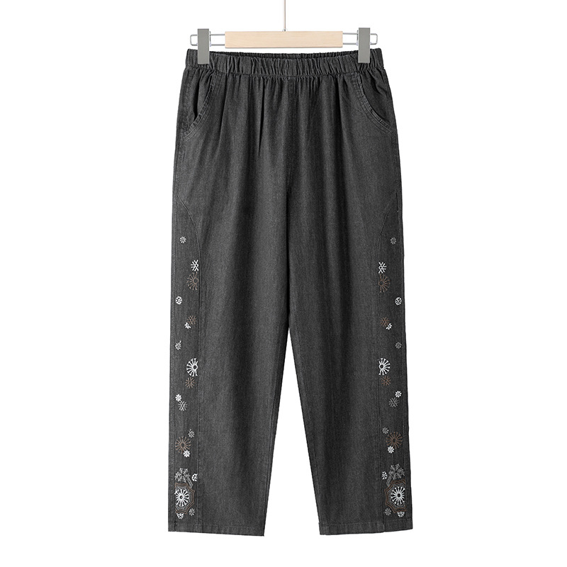 Dámske jesenné nohavice pre stredné a staršie vekové skupiny, voľný strih, bavlnená zmes, ľahká elasticita, dĺžka 9/10, vyšívanie