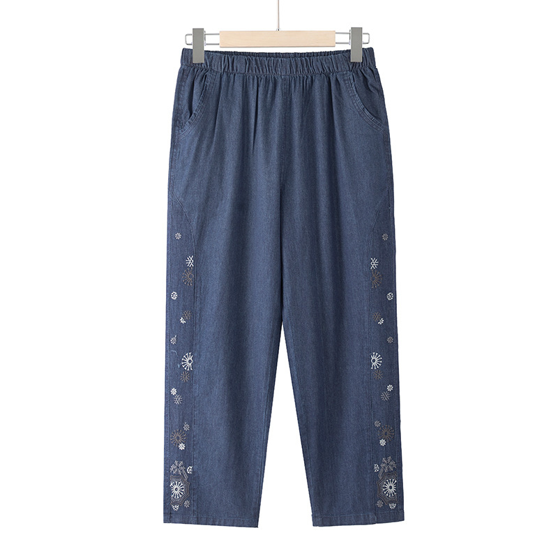 Dámske jesenné nohavice pre stredné a staršie vekové skupiny, voľný strih, bavlnená zmes, ľahká elasticita, dĺžka 9/10, vyšívanie