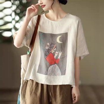 Ženski T-Shirt od pamuka i lana, kratkih rukava, slobodan kroj, vintage otisak, plus veličina, ljetni top