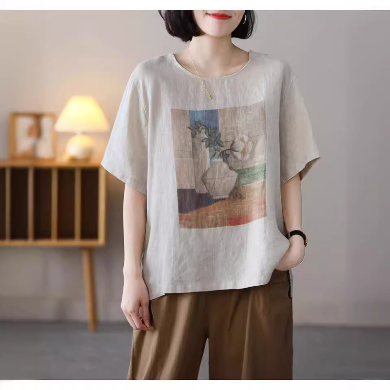 Ženski T-Shirt od pamuka i lana, kratkih rukava, slobodan kroj, vintage otisak, plus veličina, ljetni top