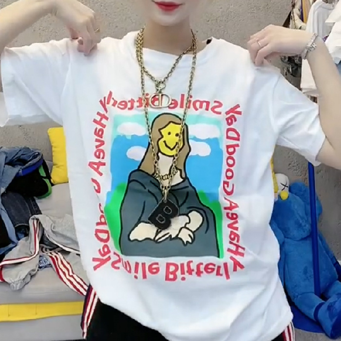 Pamukasta T-shirt majica s printom Mona Lisa, slobodan kroj, kratkih rukava, srednja duljina