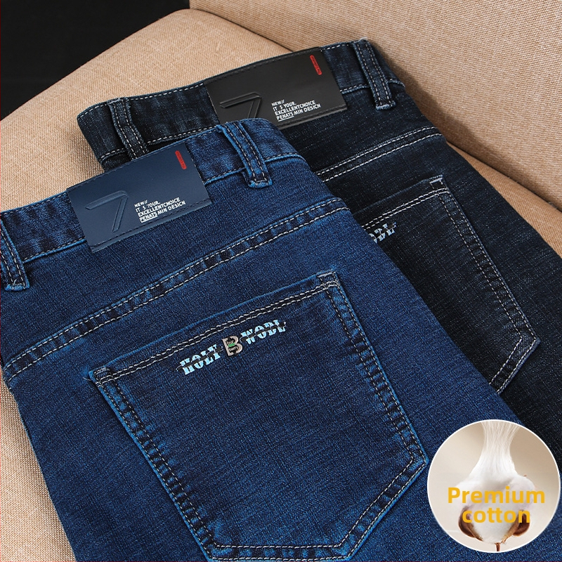 Blugi bărbătești cu căptușeală fleece, croială dreaptă, talie medie, fermoar, denim din bumbac