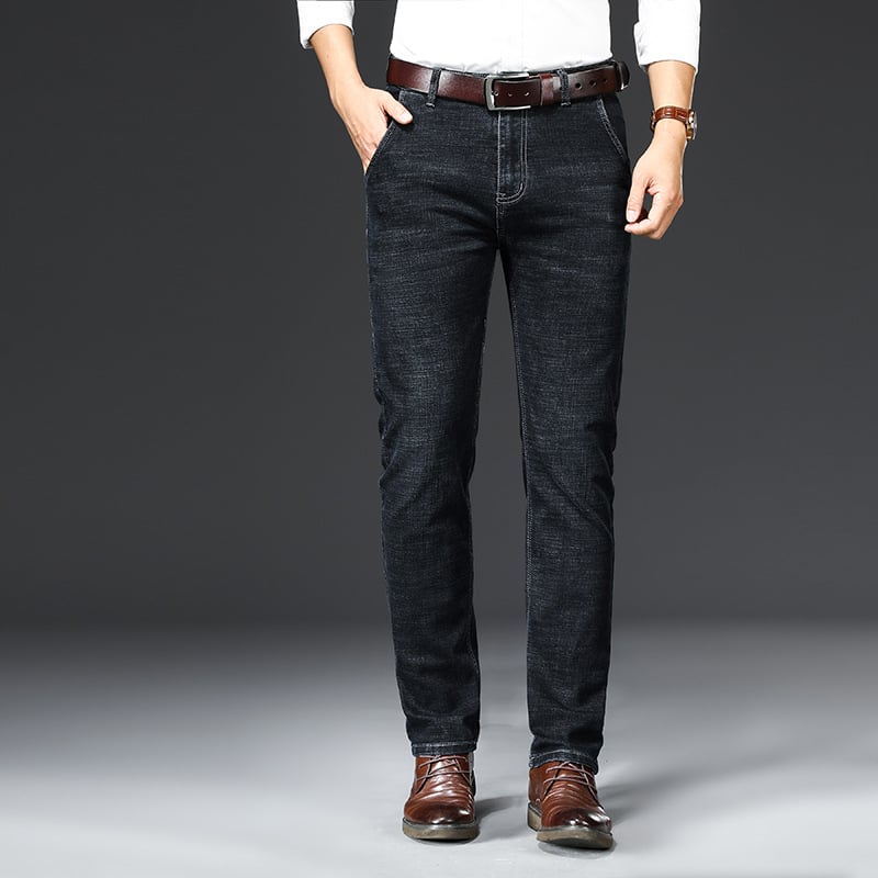 Blugi bărbătești cu căptușeală fleece, croială dreaptă, talie medie, fermoar, denim din bumbac