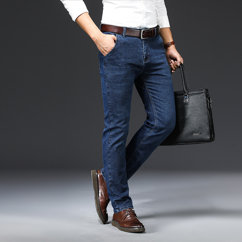 Blugi bărbătești cu căptușeală fleece, croială dreaptă, talie medie, fermoar, denim din bumbac