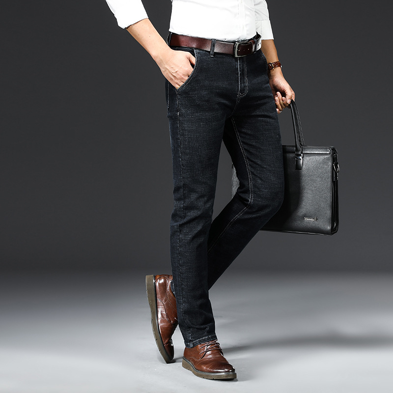 Blugi bărbătești cu căptușeală fleece, croială dreaptă, talie medie, fermoar, denim din bumbac