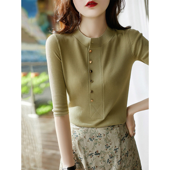 Πλεκτό τοπ από μερσεριζέ βαμβάκι, ύφασμα: βαμβάκι, λαιμόκοψη: στρογγυλή, μισό μανίκι, στενή γραμμή