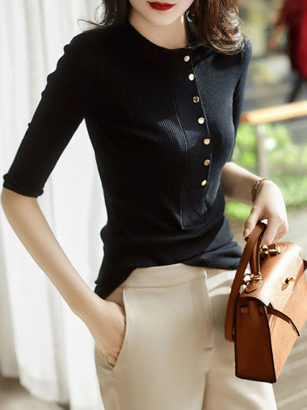 Πλεκτό τοπ από μερσεριζέ βαμβάκι, ύφασμα: βαμβάκι, λαιμόκοψη: στρογγυλή, μισό μανίκι, στενή γραμμή