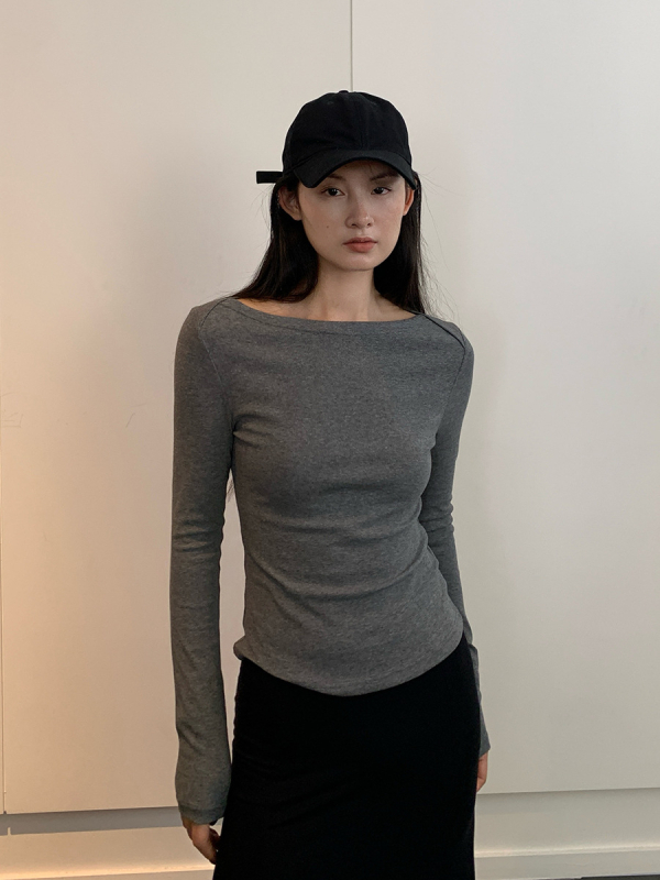 Naiste puuvillase-elastaani segust T-särk pikkade varrukatega, kitsas lõige, laevakakla, 3D lõige