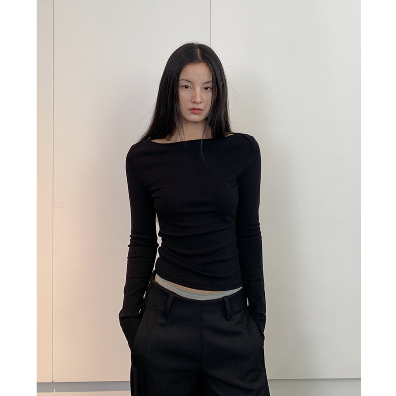 Naiste puuvillase-elastaani segust T-särk pikkade varrukatega, kitsas lõige, laevakakla, 3D lõige