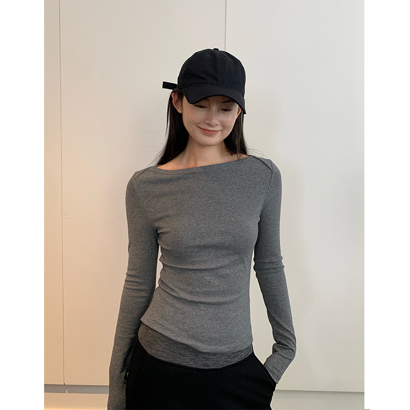 Naiste puuvillase-elastaani segust T-särk pikkade varrukatega, kitsas lõige, laevakakla, 3D lõige