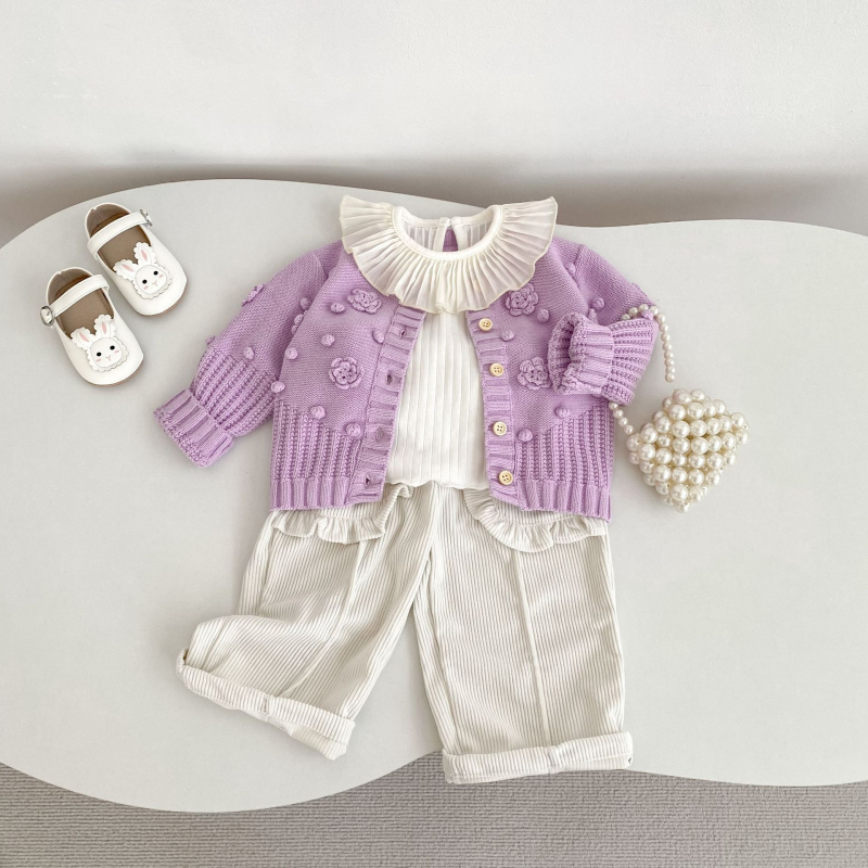 Detský pletený sveter pre dievčatá – 100% bavlna, mäkká úprava, dlhé rukávy, okrúhly golier, gombové zapínanie, jar a jeseň