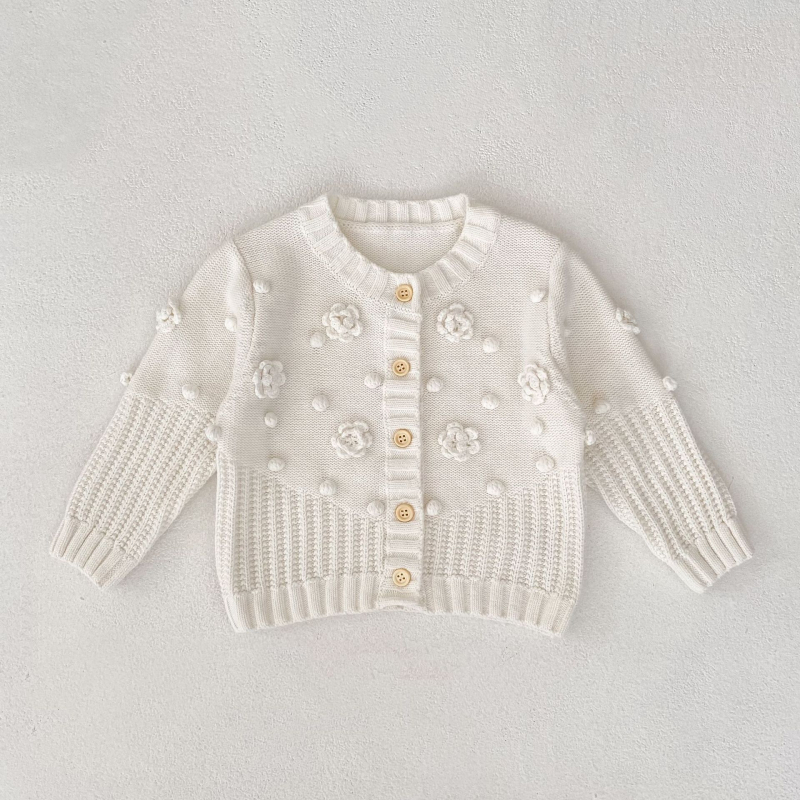 Detský pletený sveter pre dievčatá – 100% bavlna, mäkká úprava, dlhé rukávy, okrúhly golier, gombové zapínanie, jar a jeseň
