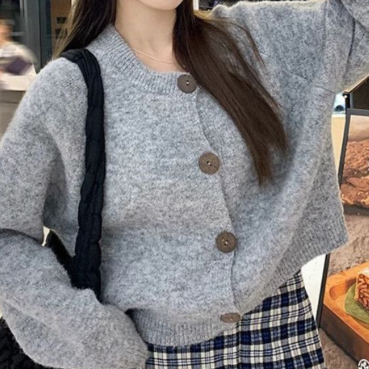 Dámsky polyesterový kardigan s kokosovými gombíkmi, okrúhly výstrih, raglánové dlhé rukávy, krátky strih