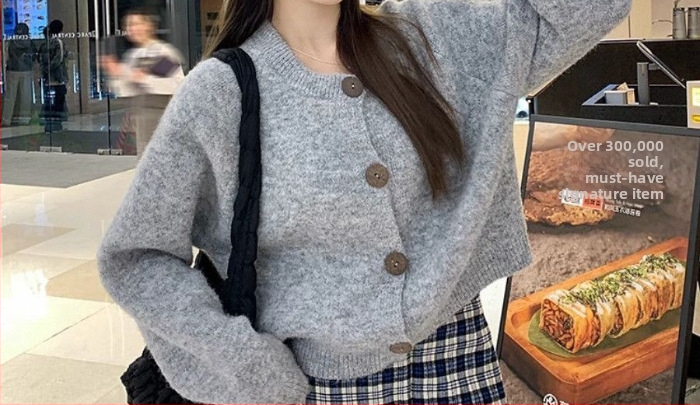 Dámsky polyesterový kardigan s kokosovými gombíkmi, okrúhly výstrih, raglánové dlhé rukávy, krátky strih