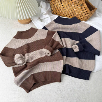 Detský pruhovaný pletený sveter zo zmesi vlny, okrúhly výstrih, dlhé rukávy, kórejský štýl