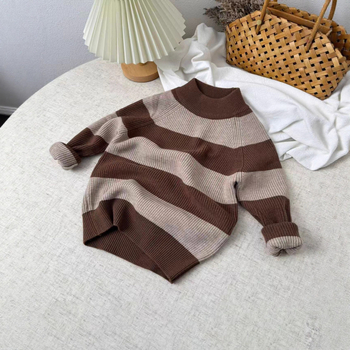 Detský pruhovaný pletený sveter zo zmesi vlny, okrúhly výstrih, dlhé rukávy, kórejský štýl