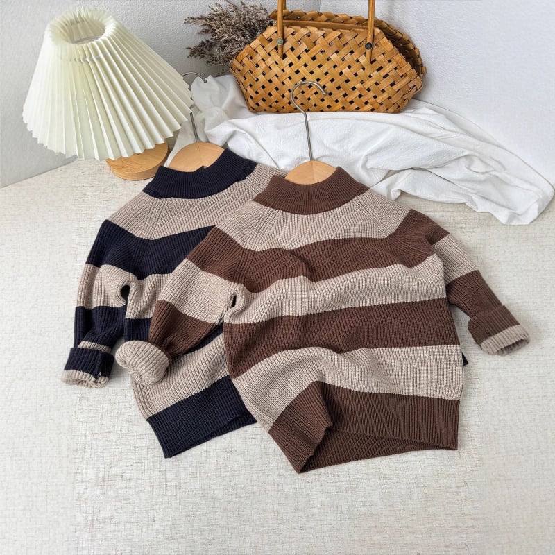 Detský pruhovaný pletený sveter zo zmesi vlny, okrúhly výstrih, dlhé rukávy, kórejský štýl