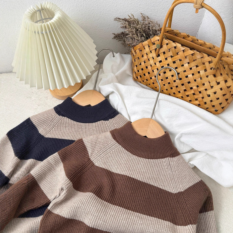 Detský pruhovaný pletený sveter zo zmesi vlny, okrúhly výstrih, dlhé rukávy, kórejský štýl