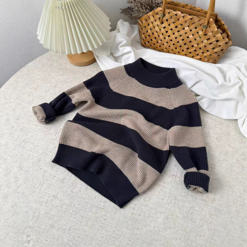 Detský pruhovaný pletený sveter zo zmesi vlny, okrúhly výstrih, dlhé rukávy, kórejský štýl